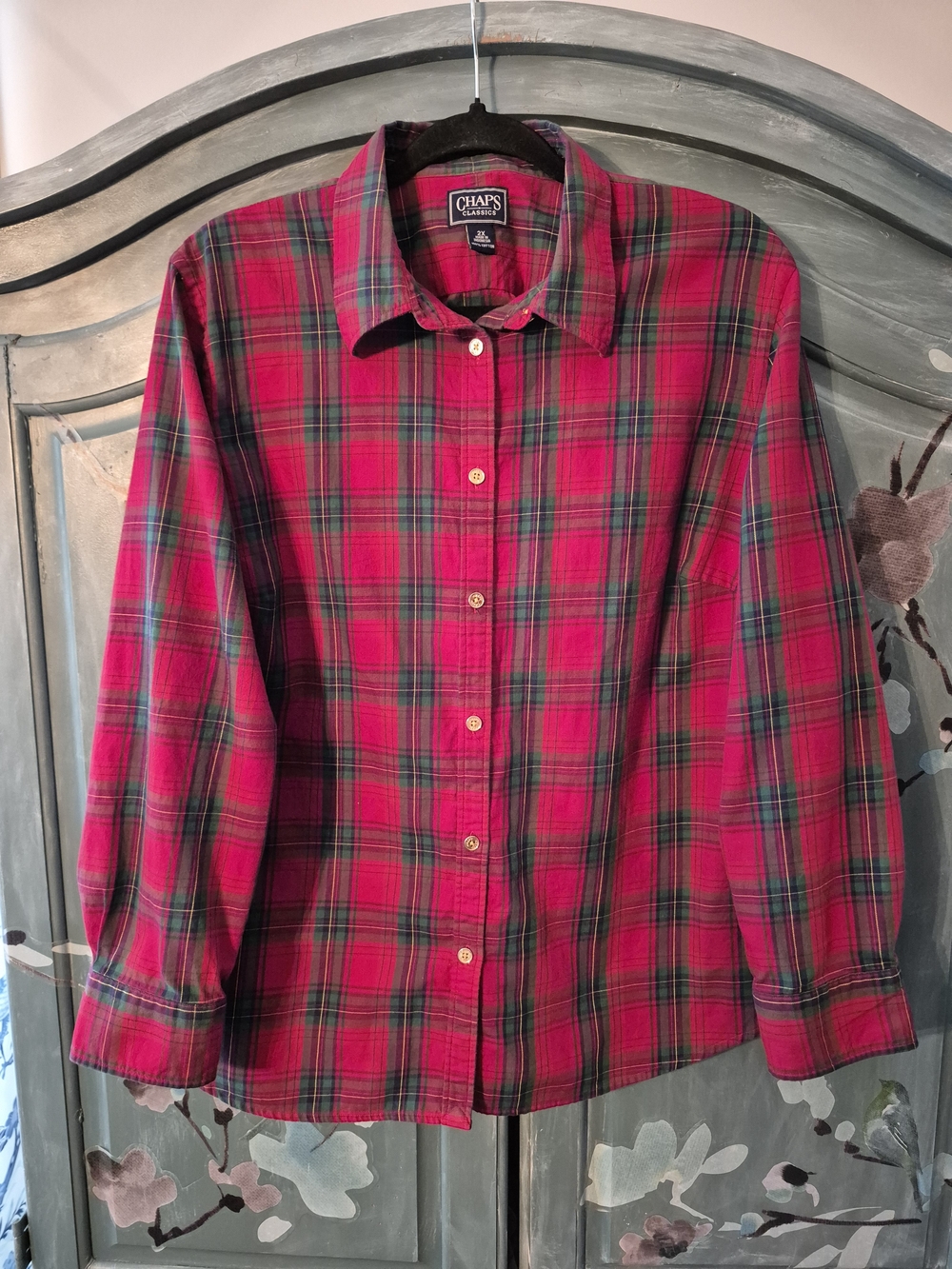 Chaps Red and Green Plaid Cotton Button-Down Shirt